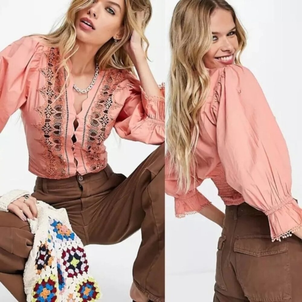 Free People Louella 100% Cotton Embroidered Button Up Top with Puff Sleeves